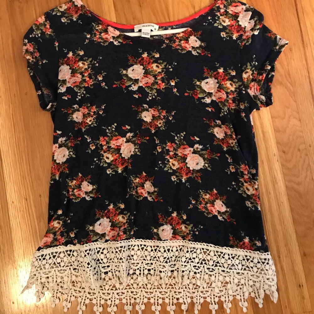 Navy Bohemian lace trim style blouse